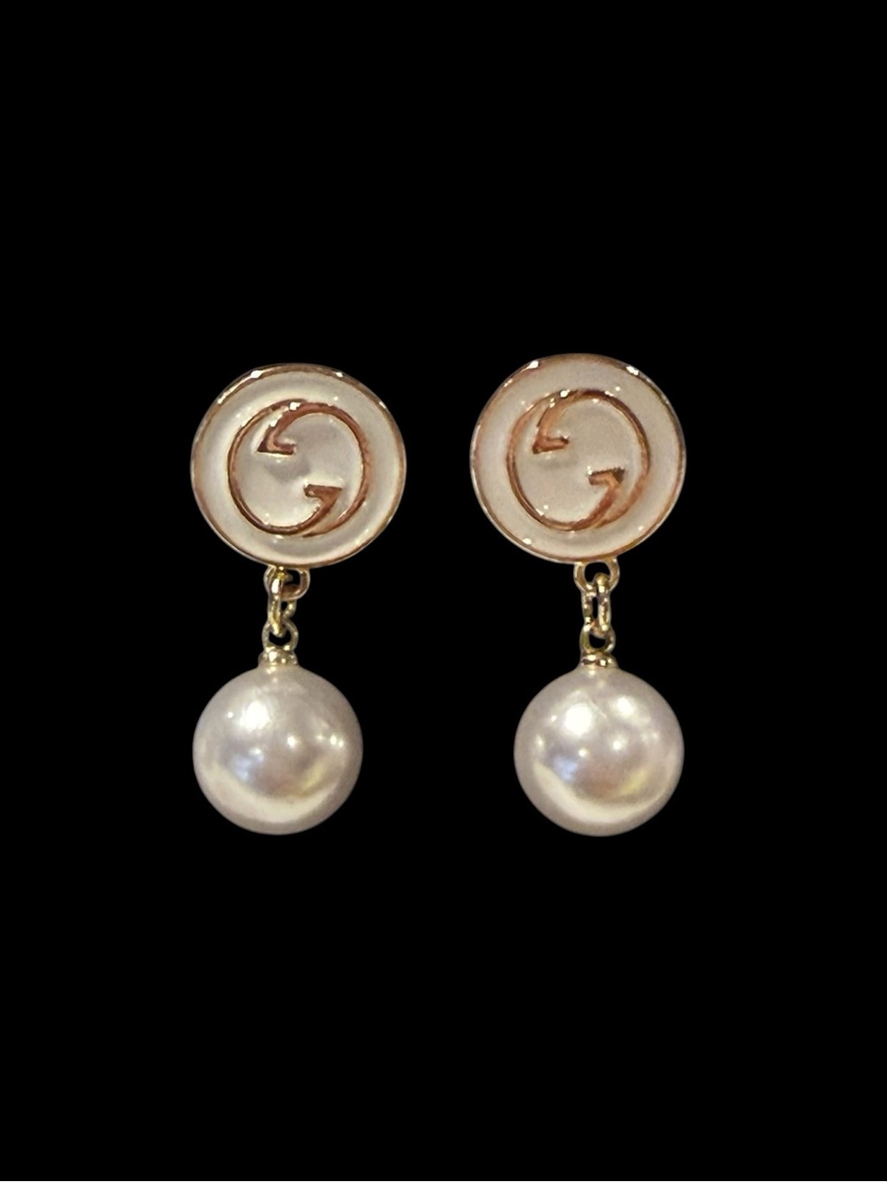 Gucci Gold and Pearl Drop Earrings - Designer Logo Button Style